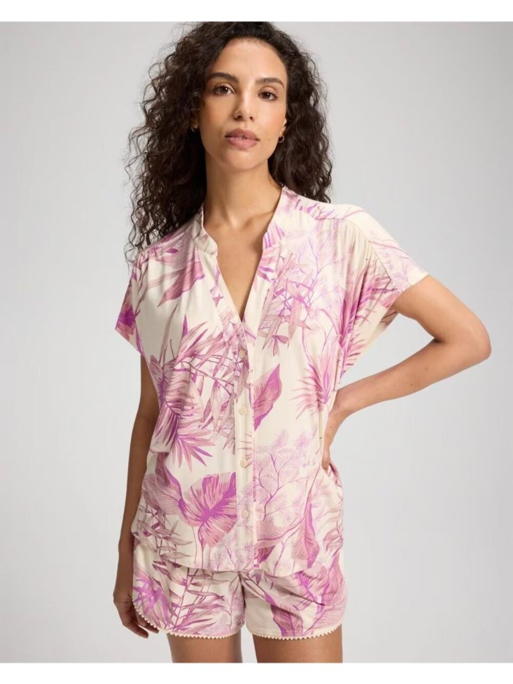 NWT Soma Cool Nights Pink Tropical Print Button-Down Pajama Shirt Womens S Beach